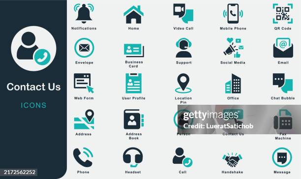contact us solid icons collection.contains icons.email, phone, chat bubble, handshake, person, call, user profile, envelope, address book, qr code, notifications, location, pin, message, social media - business-card-icons stock illustrations