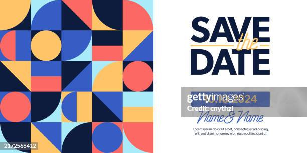 ilustrações, clipart, desenhos animados e ícones de salve o design do banner de data com padrão geométrico. convite, eventos, cúpula, exposição, feira. - reserva