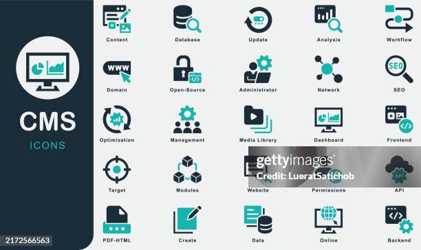 cms solid icons.enthält symbole. content management system, website, administrator, open-source, ziel, marketing, domain, inhalt, netzwerk, analyse, daten, optimierung, management, update, seo, api - verwalter stock-grafiken, -clipart, -cartoons und -symbole