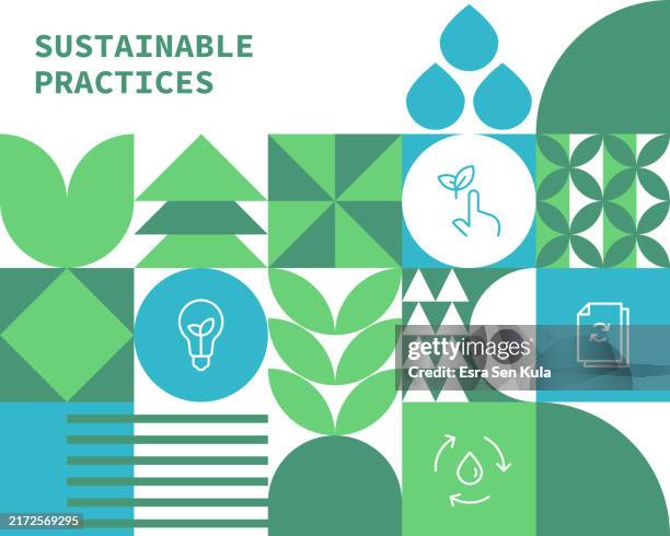 stockillustraties, clipart, cartoons en iconen met sustainable practices concept bauhaus style web banner design with simple editable stroke line icons. - duurzame ontwikkeling