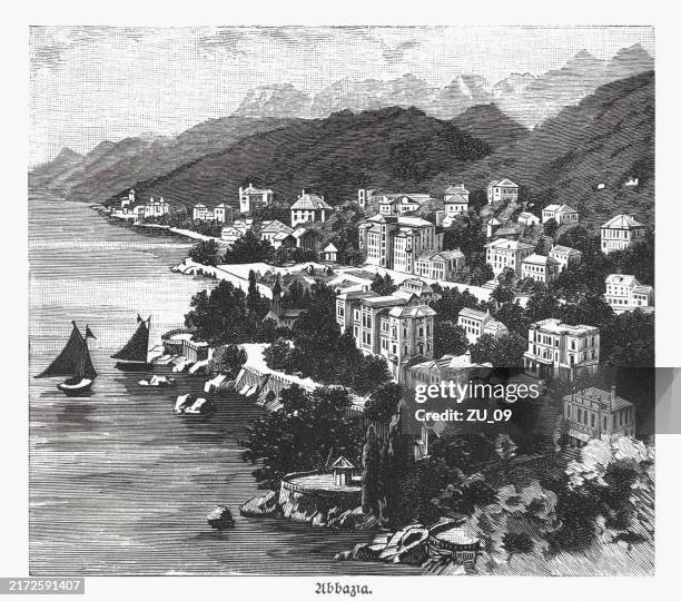 historical view of opatija (abbazia), croatia, wood engraving, published 1895 - croatian culture stock illustrations
