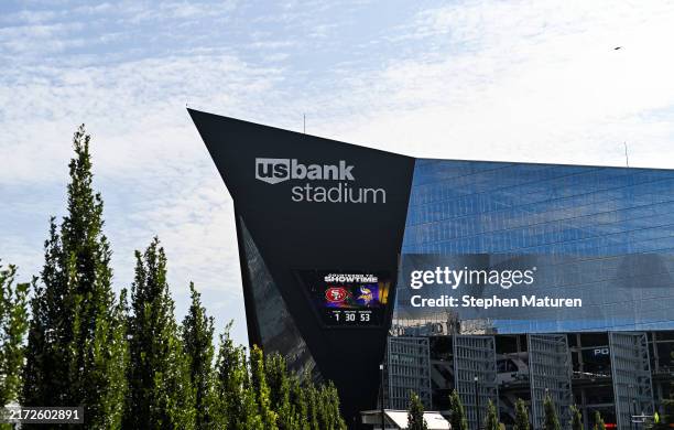 General view outside the stadium before the game between the San Francisco 49ers and Minnesota Vikings at U.S. Bank Stadium on September 15, 2024 in...