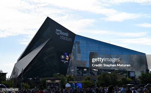 General view outside the stadium before the game between the San Francisco 49ers and Minnesota Vikings at U.S. Bank Stadium on September 15, 2024 in...