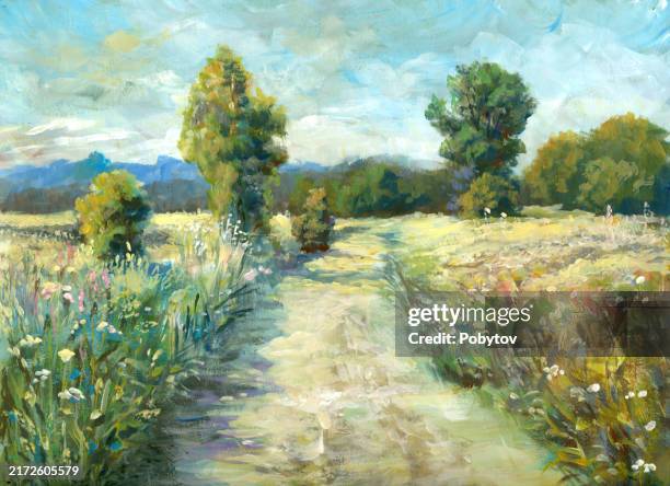 illustrations, cliparts, dessins animés et icônes de paysage d’été à la campagne, impressionnisme - paysage