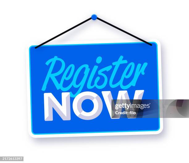 Registration Sign Graphics Register Now Blue Hanging Sign High-Res Vector Graphic - Getty Images