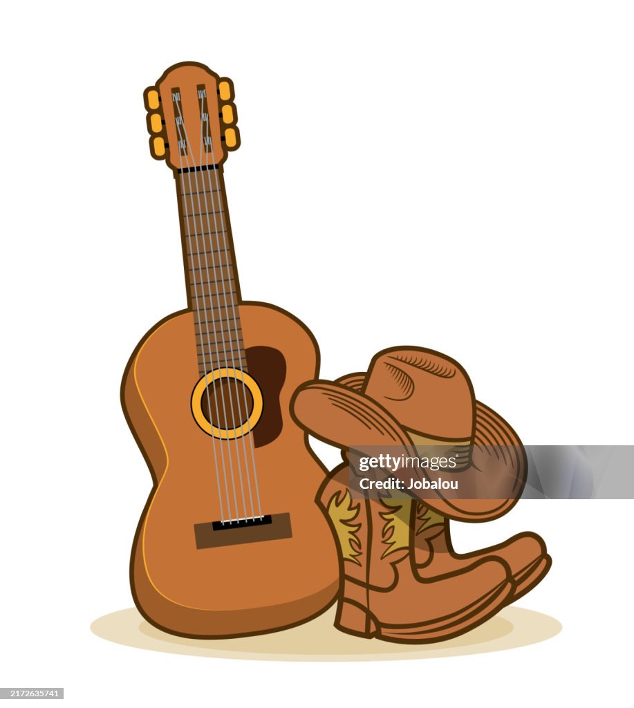 Acoustic Guitar with American Cowboy Boots and Hat from Country Music