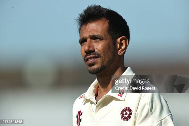 Yuzvendra Chahal of Northamptonshire looksduring the Vitality County Championship division two match between Northamptonshire and Leicestershire at...