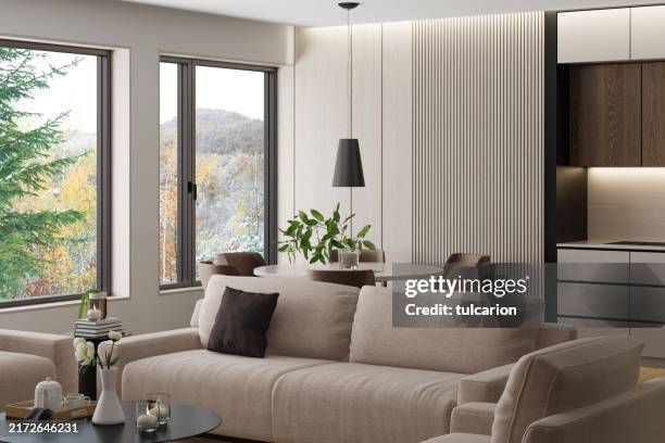 bright modern scandinavian interior with white and pine wood elements - simple living stock pictures, royalty-free photos & images