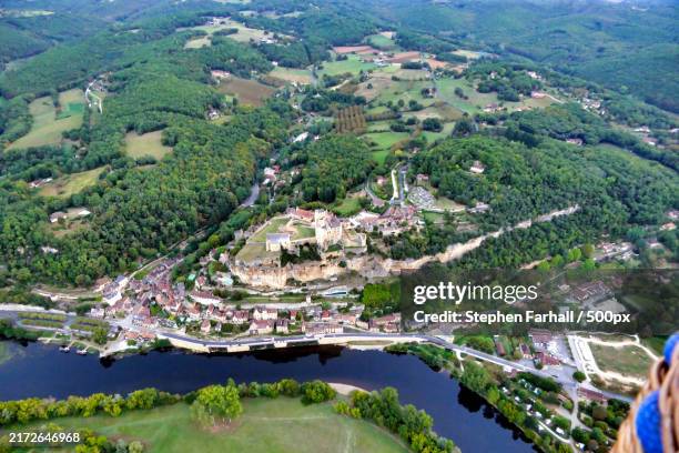 high angle view of trees and buildings,les eyzies de tayac,dordogne,france - les eyzies de tayac stock pictures, royalty-free photos & images