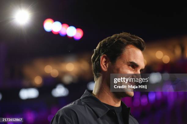 Roger Federer speaks to the press ahead of the Laver Cup at Uber Arena on September 17, 2024 in Berlin, Germany.