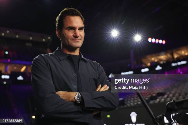 Roger Federer speaks to the press ahead of the Laver Cup at Uber Arena on September 17, 2024 in Berlin, Germany.