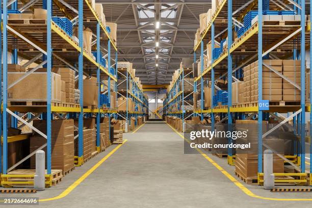 distribution warehouse with cardboard boxes on the racks - building storey stock pictures, royalty-free photos & images
