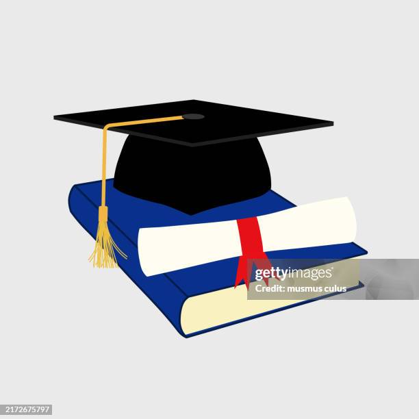 ilustraciones, imágenes clip art, dibujos animados e iconos de stock de gorro de graduación, diploma y libro que simboliza el éxito académico - birrete