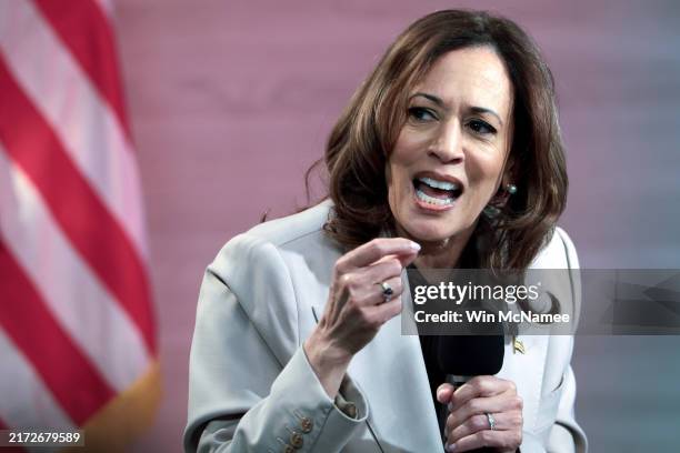 Democratic presidential nominee, U.S. Vice President Kamala Harris answers questions during a moderated conversation with members of the National...