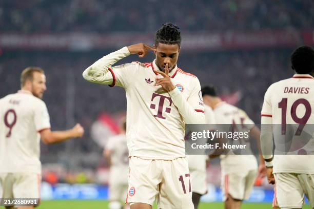 Michael Olise of Bayern Munich celebrates scoring his team's third goal during the UEFA Champions League 2024/25 League Phase MD1 match between FC...
