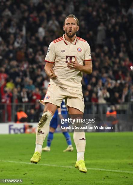 Harry Kane of Bayern Munich celebrates scoring his team's sixth goal and his hat-trick during the UEFA Champions League 2024/25 League Phase MD1...