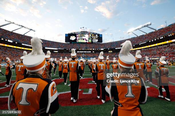 The Tennessee Volunteers marching band performs prior to the game against the NC State Wolfpack in the Duke's Mayo Classic at Bank of America Stadium...