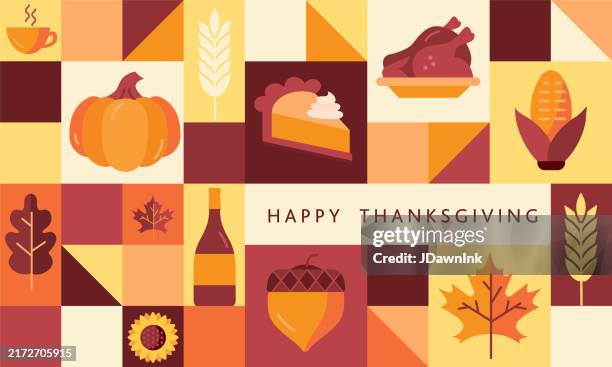 happy thanksgiving greeting design template geometric mosaic style with fall, food and drink elements - harvesting stock illustrations