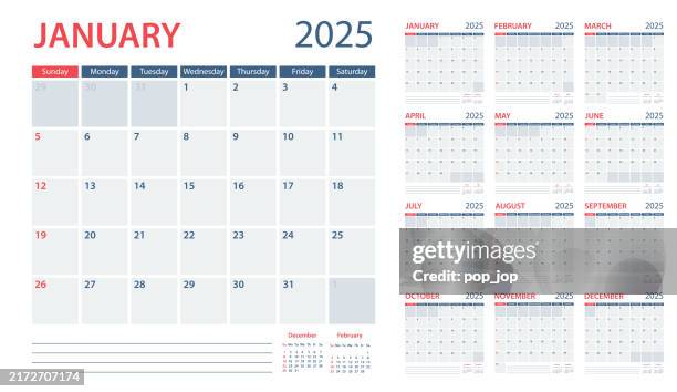 illustrazioni stock, clip art, cartoni animati e icone di tendenza di calendar planner 2025 - modello vettoriale. la settimana inizia la domenica - calendario