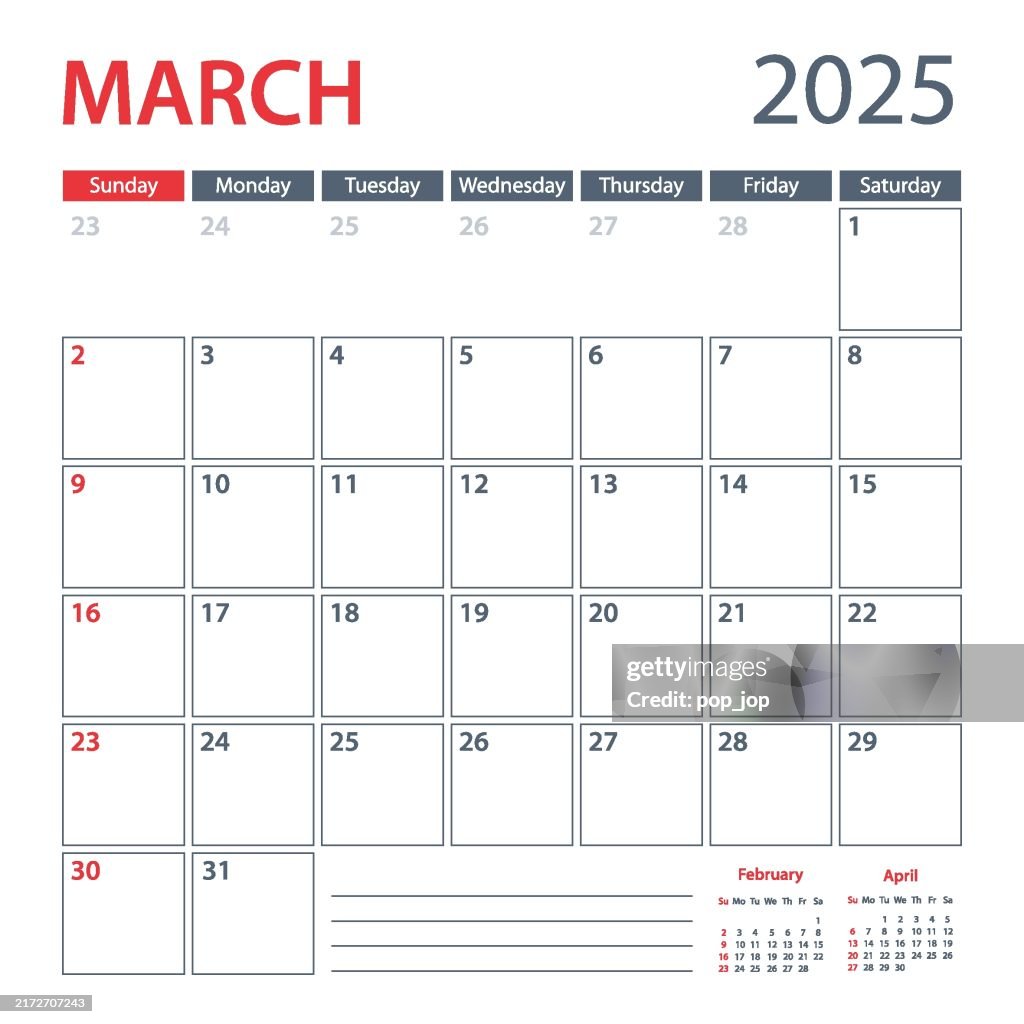 March Weeks 2025 March Calendar Planner Vector Template Week Starts On Sunday High ...