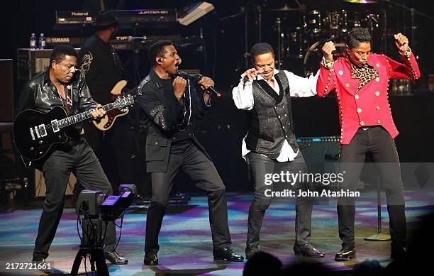 The Jacksons are shown performing on stage during a live concert appearance on September 19, 2015 in Mashantucket, Connecticut.