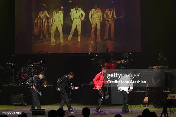 The Jacksons are shown performing on stage during a live concert appearance on September 19, 2015 in Mashantucket, Connecticut.