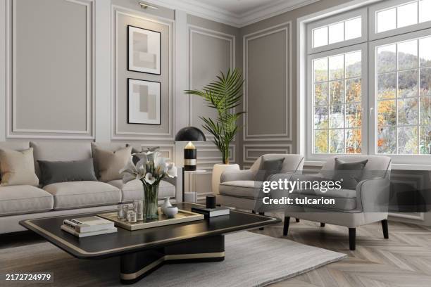 elegante soggiorno di lusso parigino neoclassico con tocchi moderni - ambientazione interna foto e immagini stock