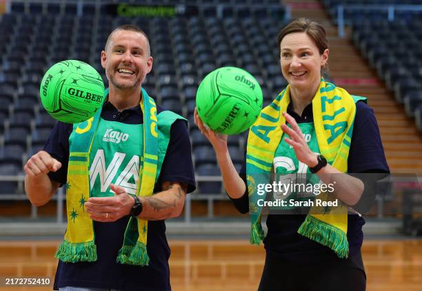 Olympians Jed Altschwager and Cate Campbell during an Australia Diamonds captain's run at Netball SA Stadium on September 18, 2024 in Adelaide,...