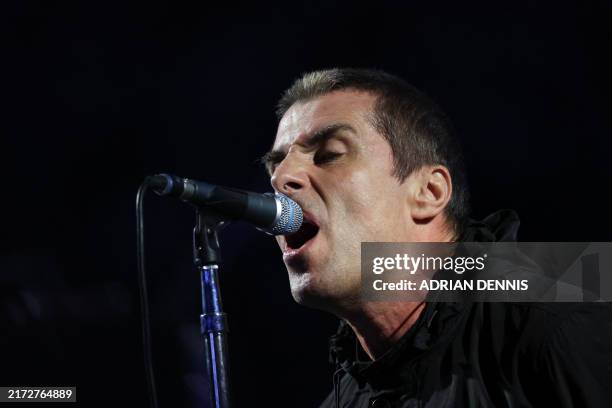 British musician Liam Gallagher performs before the heavyweight boxing match for the IBF world title between Britain's Daniel Dubois and Britain's...