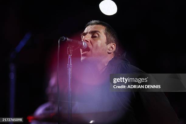 British musician Liam Gallagher performs before the heavyweight boxing match for the IBF world title between Britain's Daniel Dubois and Britain's...