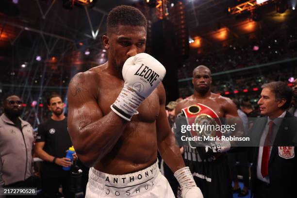 Anthony Joshua looks on after loosing to Daniel Dubois in their IBF World Heavyweight Title fight as part of the Riyadh Season - Wembley Edition card...