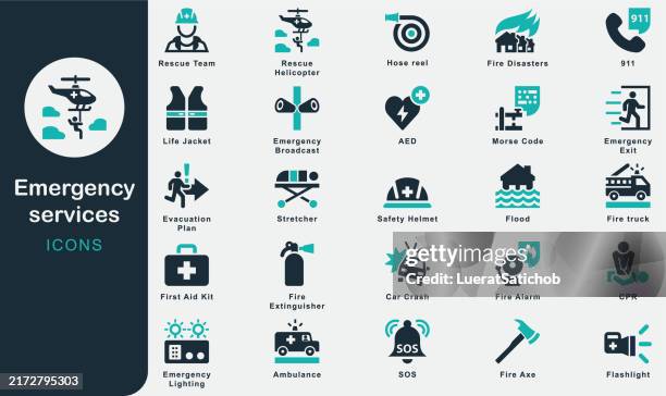 ilustraciones, imágenes clip art, dibujos animados e iconos de stock de colección de iconos sólidos de los servicios de emergencia. botiquín de primeros auxilios, dea, incendio, seguridad, ambulancia, salida de emergencia, 911, sos, desastre, rescate, helicóptero, rcp, hacha, vida, casco de seguridad, extintor de incendios - señal-de-emergencia