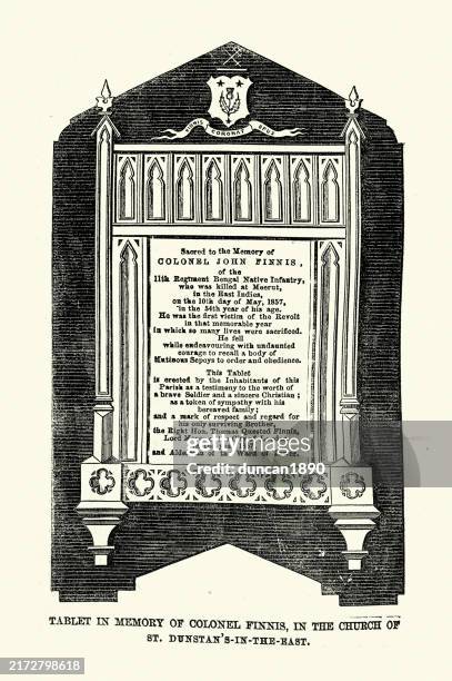 memorial to colonel john finnis a british soldier the first european officer killed in the indian mutiny of 1857, vintage illustration - memorial plaque stock illustrations