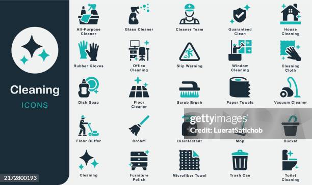 bildbanksillustrationer, clip art samt tecknat material och ikoner med cleaning services solid icons collection.bucket, cleaning cloth, mop, broom, vacuum, floor cleaner, disinfectant, glass cleaner, scrub brush, paper towels,toilet , guaranteed clean, microfiber towel - cleaning