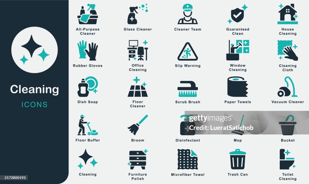 Cleaning Services solid icons collection.Bucket, Cleaning Cloth, Mop, Broom, Vacuum, Floor Cleaner, Disinfectant, Glass Cleaner, Scrub Brush, Paper Towels,Toilet , Guaranteed Clean, Microfiber Towel