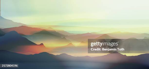 bunte morgendämmerung über der landschaft - landschaft künstlerisch stock-grafiken, -clipart, -cartoons und -symbole