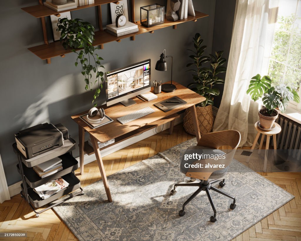 Top-View Digitally Rendered Modern Home Office with Wooden Desk and Natural Decor