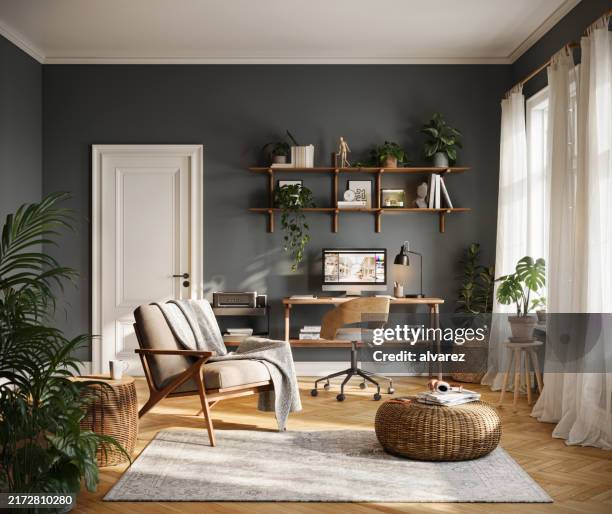 oficina en casa renderizada digitalmente con diseño minimalista y acogedor rincón de lectura - alfombra puerta fotografías e imágenes de stock