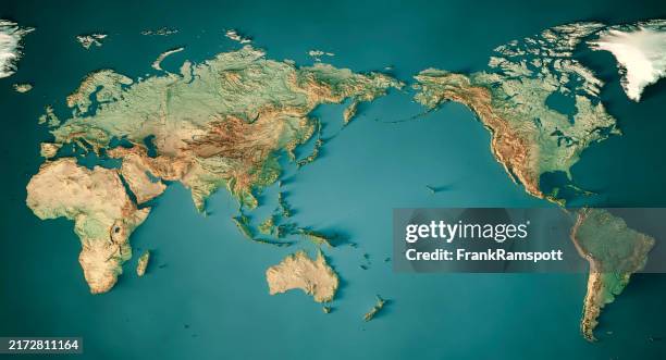 world map pacific center 3d render topographic map dark ocean color - världskarta bildbanksfoton och bilder
