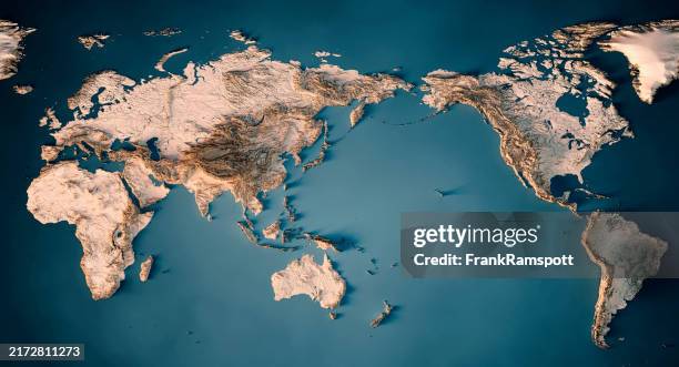 world map pacific center 3d render topographic map dark ocean neutral - pacific ocean stock pictures, royalty-free photos & images