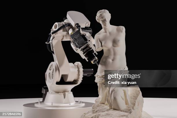 industrial mechanical arm carving out marble sculptures - god at work stock pictures, royalty-free photos & images