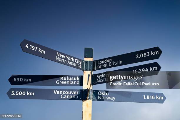 information and distance sign at bolafjall - distance sign stock pictures, royalty-free photos & images
