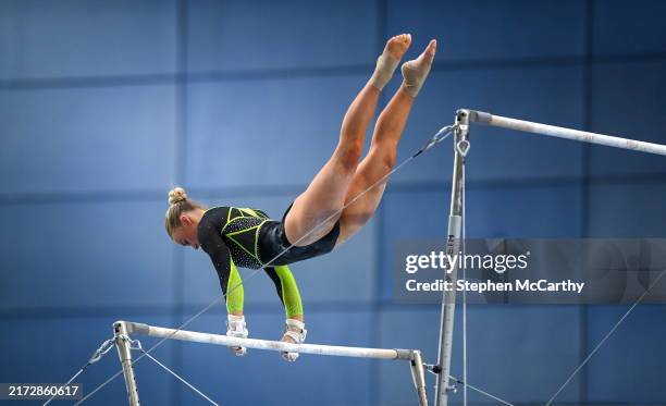 Dublin , Ireland - 21 September 2024; Halle Hilton of Ireland competes in the uneven bars during day one of the Gymnastics Ireland hosted Northern...