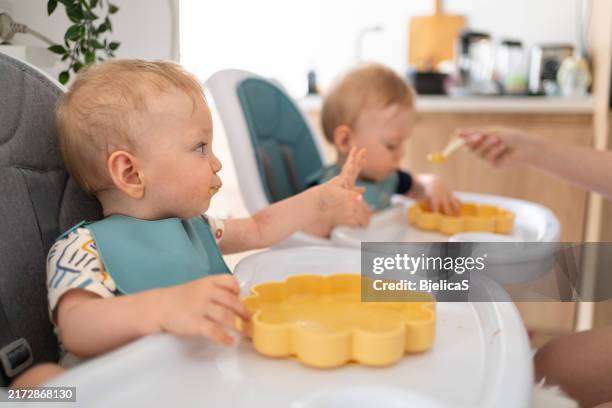cute twins having a lunch in dining room at home - identical twin stock pictures, royalty-free photos & images