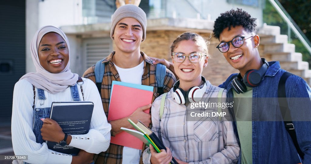 Students, smile and portrait at university for education, diversity and friendship on campus. People, academic or happy with books for about us, group project team or excited for learning development