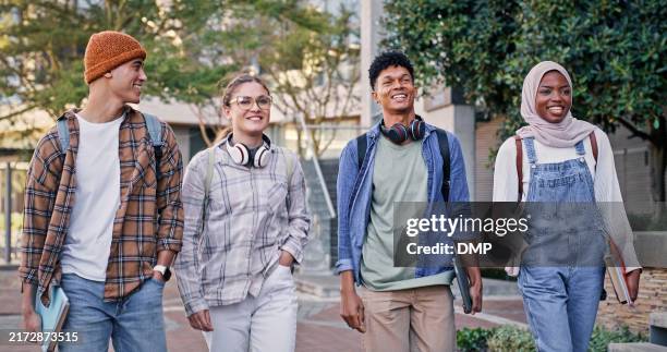 students, speaking and walking to university lesson, talking and share knowledge on module. people, friends and outside for group project discussion, study and together for trip to college class - learning module stock pictures, royalty-free photos & images