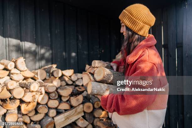 apporter du bois de chauffage coupé dans la maison - bois de chauffage photos et images de collection