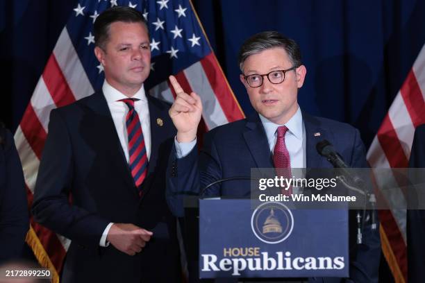 Speaker of the House Mike Johnson answers questions during a press conference with Republican leadership on Capitol Hill on September 18, 2024 in...