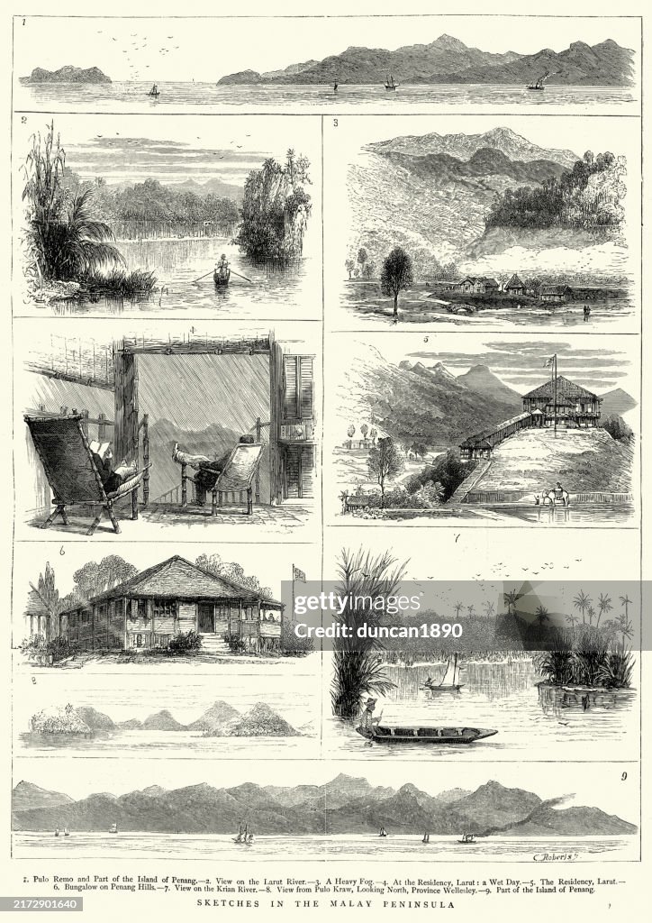 Sketch on the Malay Peninsula, Pulo Remo, Island of Penang, Krian River, Larut River, 1870s, Vintage illustration