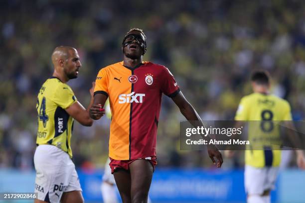 Victor Osimhen of Galatasaray reacts during the Turkish Super big match between Fenerbahce and Galatasaray at Ulker Stadium on September 21, 2024 in...